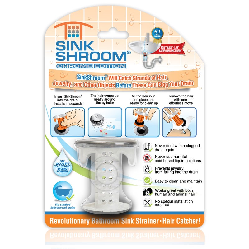 SinkShroom Revolutionary Bathroom Sink Drain Protector Hair Catcher, Strainer, Snare, Silicone , Brushed, Sinkshroom Chrome Edition, 1" -1.4" - Image 1
